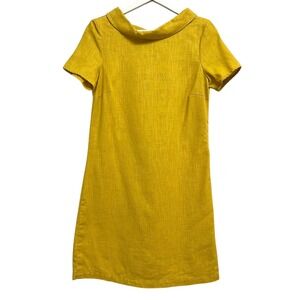 LeMuse Dress Womens XS Yellow Mustard Linen Blend Bow Back Short Sleeve Shift